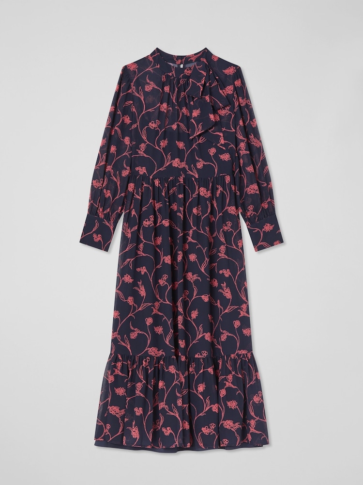 LK Bennett Blue Selina Petite Spring Navy & Bright Pink  Sketchy Floral Print Georgette Dress - Image 5 of 5