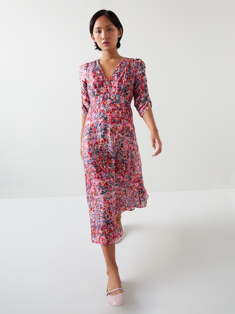 LK Bennett Pink Erin Petite Pink Multi Watercolour Floral Jacquard Dress - Image 1 of 4