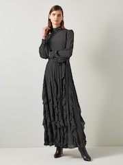 LK Bennett – Lucie – Maxikleid mit Rüschen und Punkten in Schwarz und Elfenbein - Bild 1 von 3