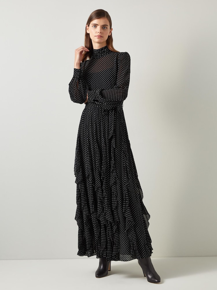 LK Bennett – Lucie – Maxikleid mit Rüschen und Punkten in Schwarz und Elfenbein - Bild 1 von 3