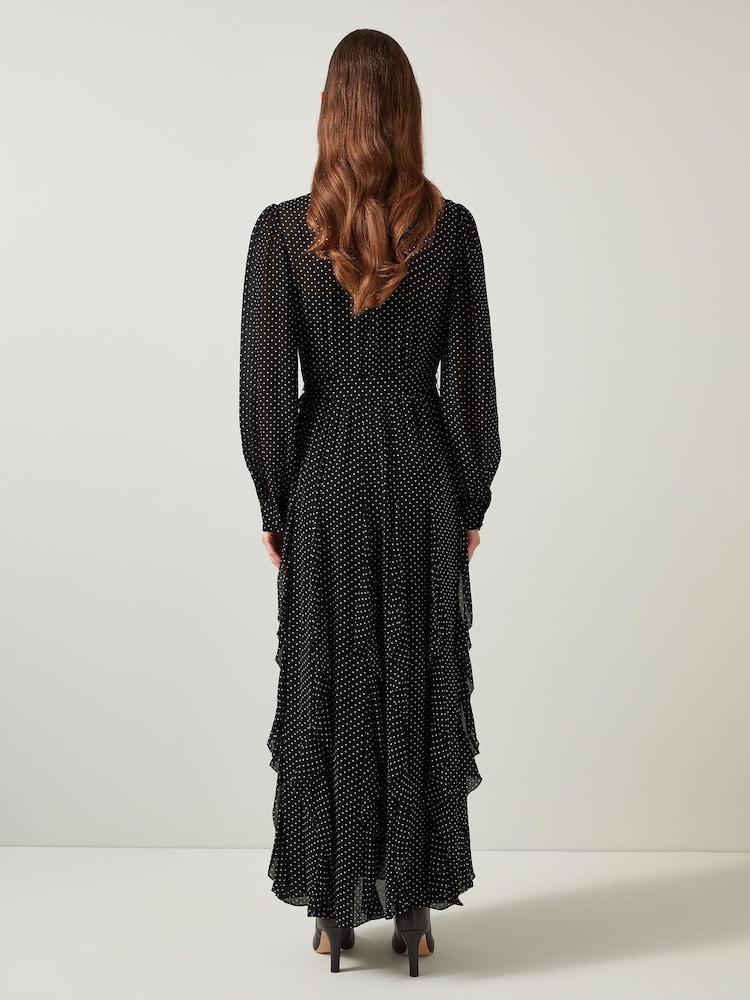 LK Bennett – Lucie – Maxikleid mit Rüschen und Punkten in Schwarz und Elfenbein - Bild 2 von 3