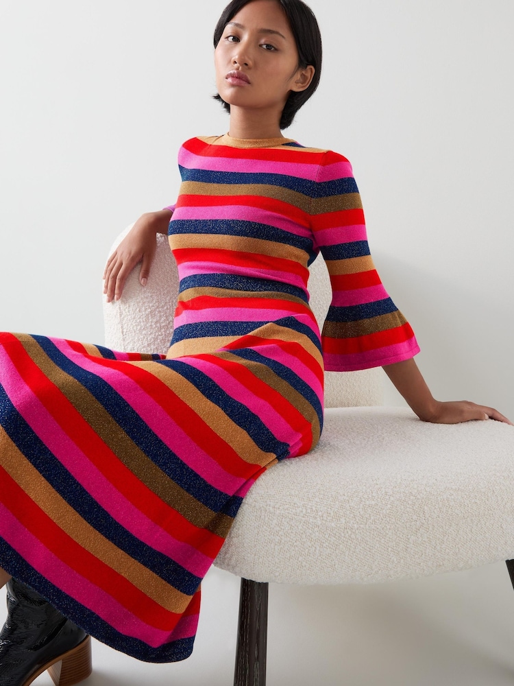 LK Bennett Red Alice Petite Pink Multi Stripe Metallic Knit Frill Dress - Image 1 of 4