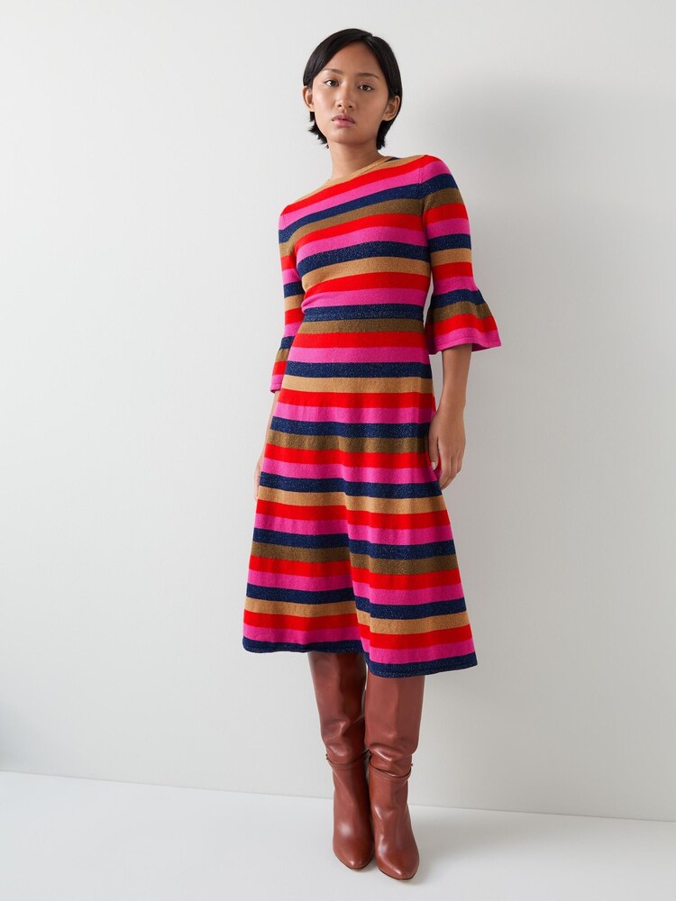 LK Bennett Red Alice Petite Pink Multi Stripe Metallic Knit Frill Dress - Image 2 of 4
