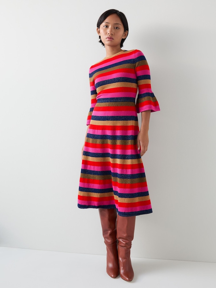 LK Bennett Alice Petite Pink Multi Stripe Metallic Knit Frill Dress - Bild 2 von 4 LK Bennett Alice Petite Pink Multi Stripe Metallic Knit Frill Dress - Bild 2 von 4