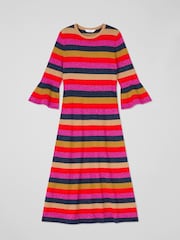 LK Bennett Red Alice Petite Pink Multi Stripe Metallic Knit Frill Dress - Image 4 of 4