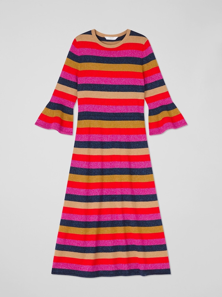LK Bennett Red Alice Petite Pink Multi Stripe Metallic Knit Frill Dress - Image 4 of 4
