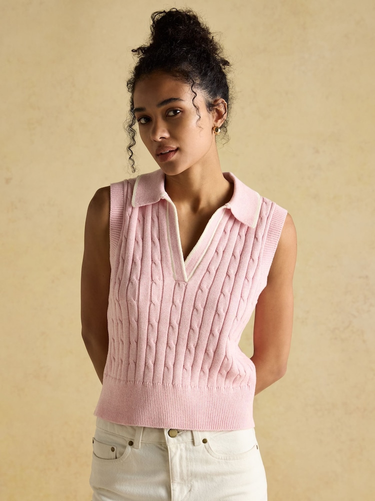 Joules Janey Pink Cotton Collared Cable Tank - Image 1 of 7