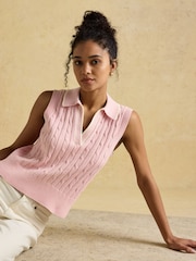 Joules Janey Pink Cotton Collared Cable Tank - Image 3 of 7