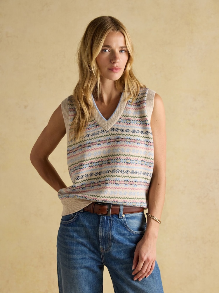 كريم - Joules Islay V Neck Fairisle Cotton Rich Vest - صورة 1 من 8