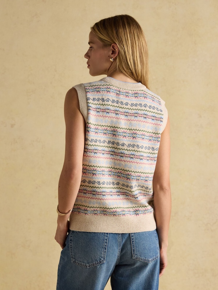 كريم - Joules Islay V Neck Fairisle Cotton Rich Vest - صورة 2 من 8