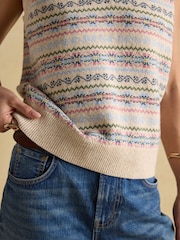 كريم - Joules Islay V Neck Fairisle Cotton Rich Vest - صورة 5 من 8