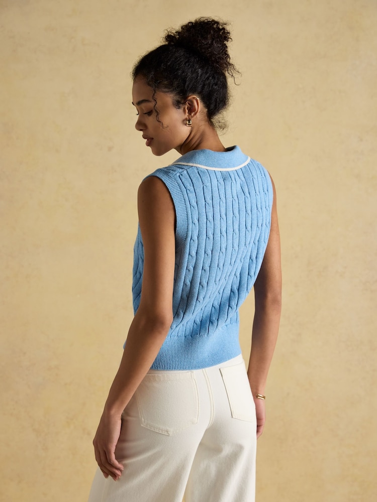 Joules Janey Blue Cotton Collared Cable Tank - Image 2 of 6