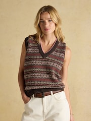 بني - Joules Islay V Neck Fairisle Cotton Rich Vest - صورة 1 من 9