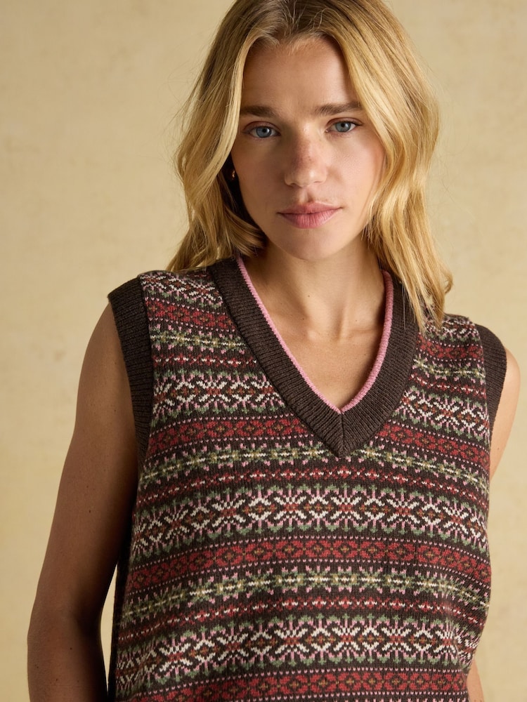 Buy Joules Islay Brown V Neck Fair Isle Cotton Rich Knitted Vest