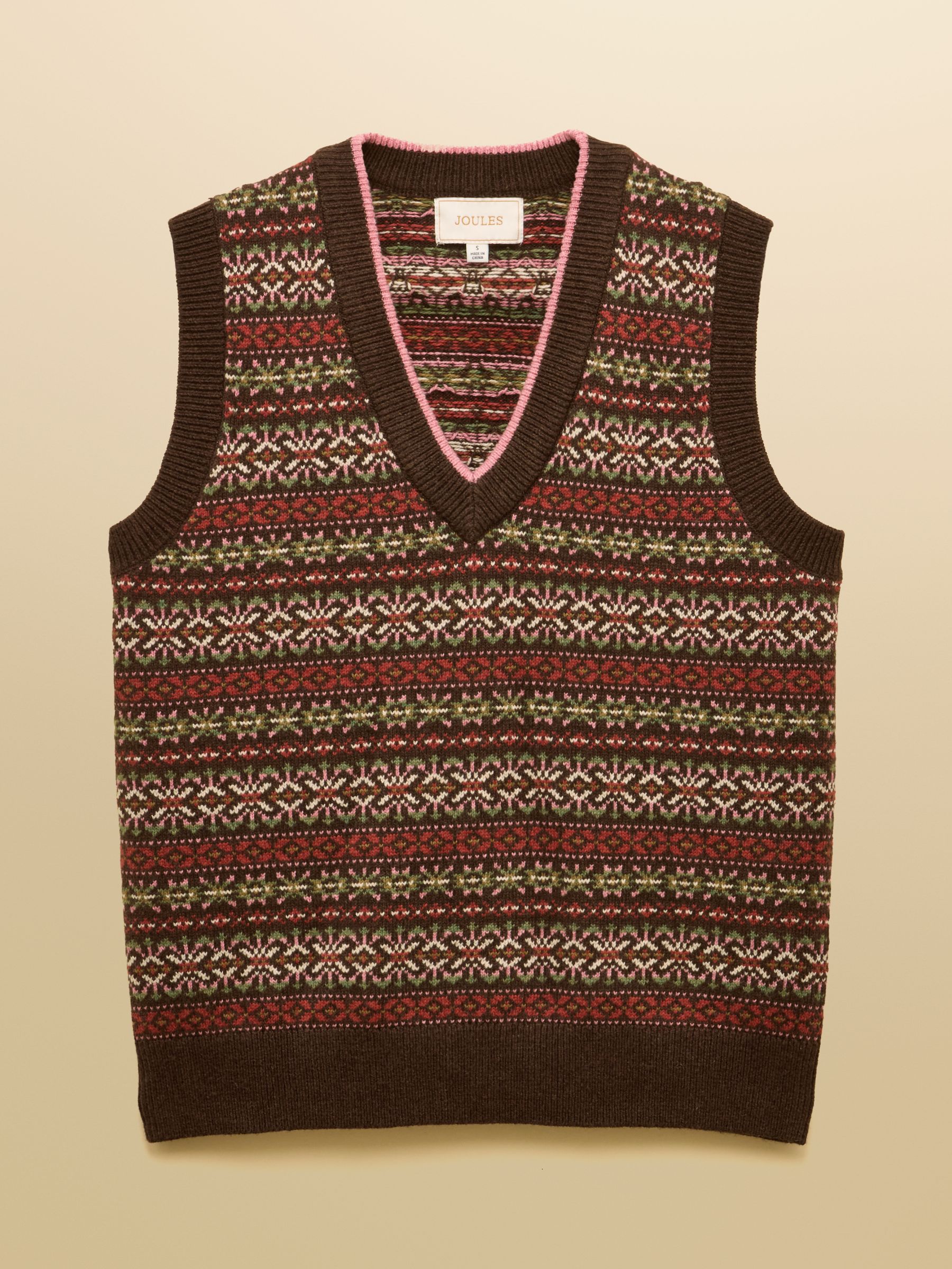 Buy Joules Islay Brown V Neck Fair Isle Cotton Rich Knitted Vest