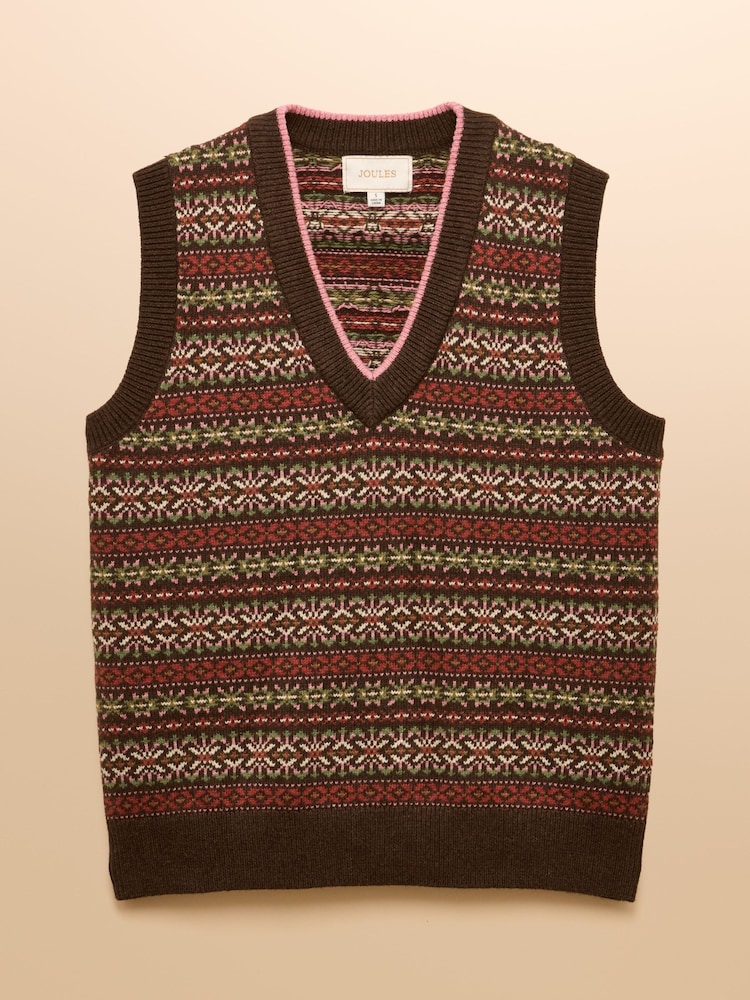 Joules Islay Brown V Neck Fairisle Cotton Rich Vest - Image 9 of 9 Joules Islay Brown V Neck Fairisle Cotton Rich Vest - Image 9 of 9
