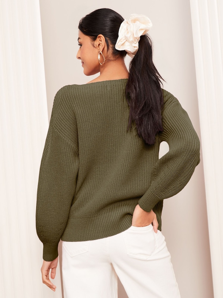 Friends Like These Khaki Green Off The Shoulder Jumper - Image 4 of 4 Friends Like These Khaki Green Off The Shoulder Jumper - Image 4 of 4