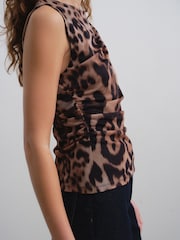 Animal Print Sleeveless Ruched Mesh Top - Image 5 of 8