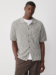 Grey Marl Regular Fit Short Sleeve Knit Button Through Polo Shirt with Linen - Image 1 of 9