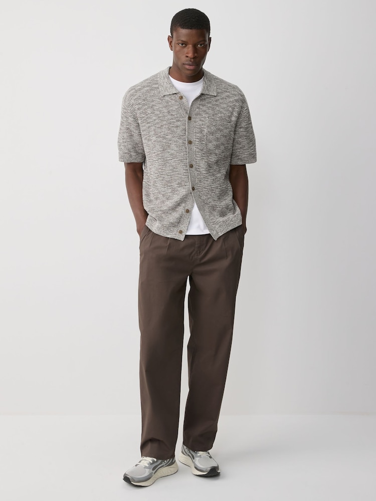 Grey Marl Regular Fit Short Sleeve Knit Button Through Polo Shirt with Linen - Image 2 of 9