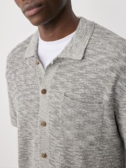 Grey Marl Regular Fit Short Sleeve Knit Button Through Polo Shirt with Linen - Image 4 of 9