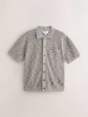 Grey Marl Regular Fit Short Sleeve Knit Button Through Polo Shirt with Linen - Image 5 of 9