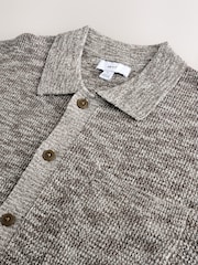 Grey Marl Regular Fit Short Sleeve Knit Button Through Polo Shirt with Linen - Image 6 of 9