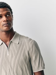 Brown Slim Fit Cotton Rich Short Sleeve Textured Knit Quarter Zip Polo - Image 1 of 7