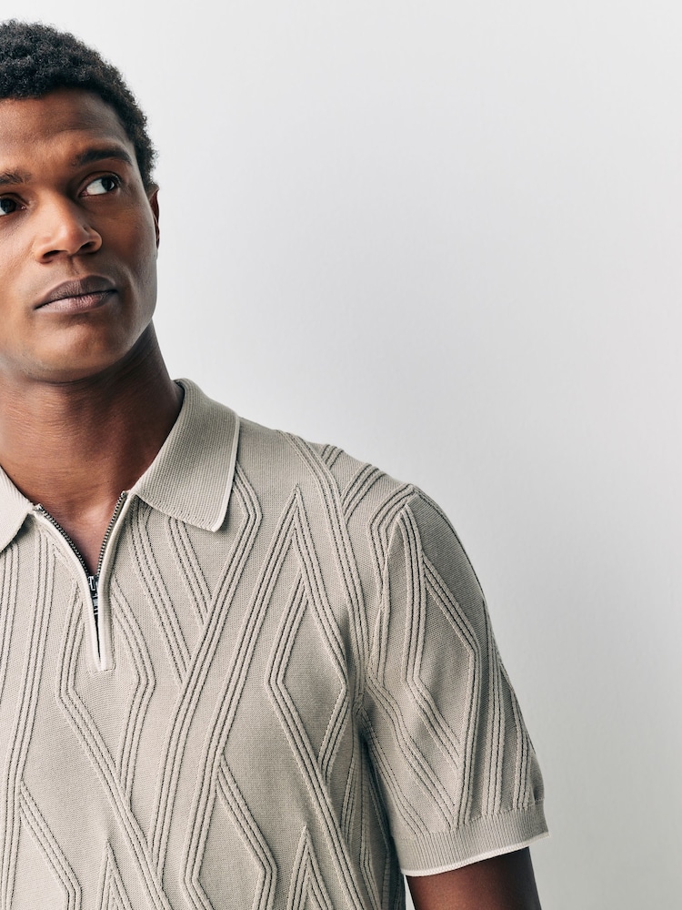 Brown Slim Fit Cotton Rich Short Sleeve Textured Knit Quarter Zip Polo - Image 1 of 7