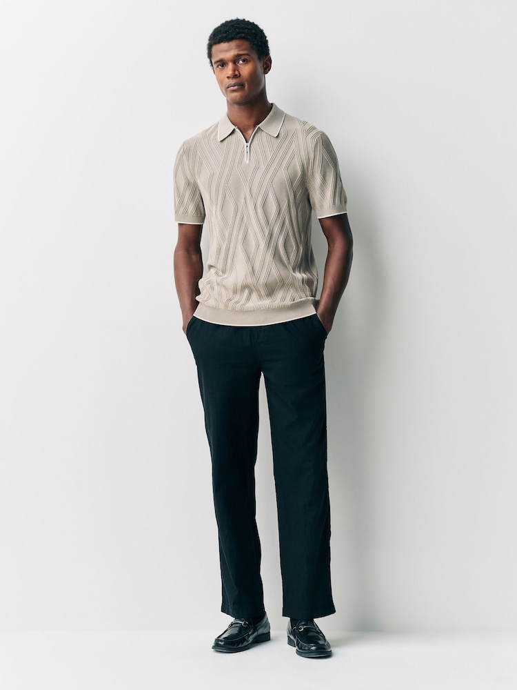 Brown Slim Fit Cotton Rich Short Sleeve Textured Knit Quarter Zip Polo - Image 2 of 7 Brown Slim Fit Cotton Rich Short Sleeve Textured Knit Quarter Zip Polo - Image 2 of 7