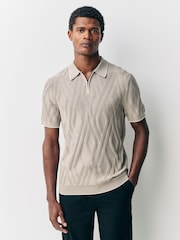 Brown Slim Fit Cotton Rich Short Sleeve Textured Knit Quarter Zip Polo - Image 4 of 7