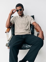 Brown Slim Fit Cotton Rich Short Sleeve Textured Knit Quarter Zip Polo - Image 5 of 7