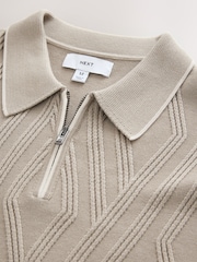 Brown Slim Fit Cotton Rich Short Sleeve Textured Knit Quarter Zip Polo - Image 7 of 7