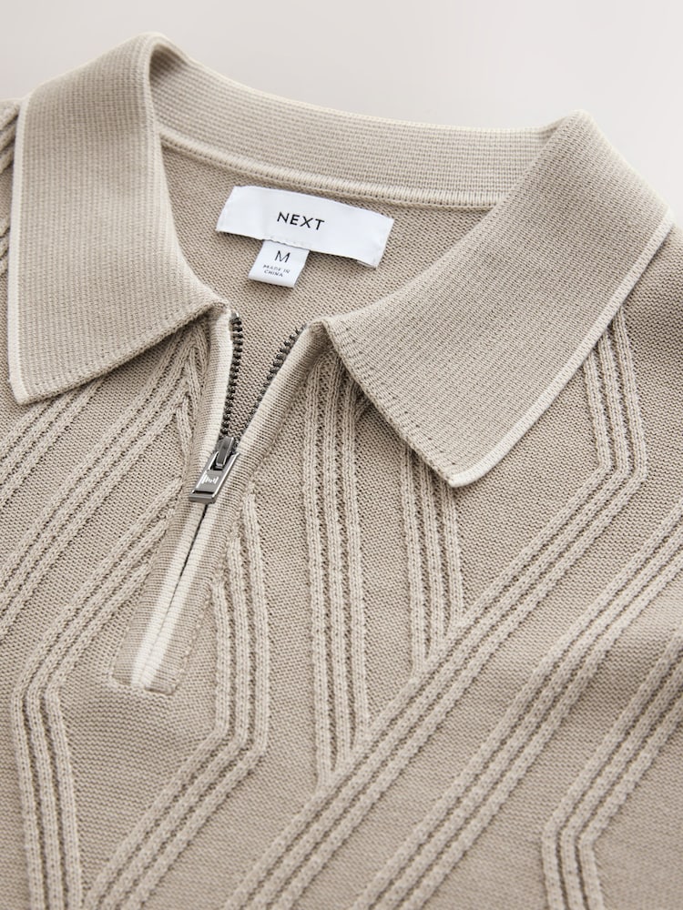 Brown Slim Fit Cotton Rich Short Sleeve Textured Knit Quarter Zip Polo - Image 7 of 7 Brown Slim Fit Cotton Rich Short Sleeve Textured Knit Quarter Zip Polo - Image 7 of 7
