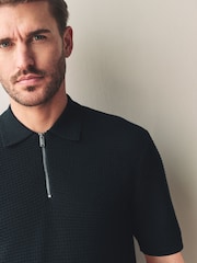 Black Regular Fit Signature 100% Merino Textured Short Sleeve Quarter Zip Knit Polo Shirt - Image 1 of 8