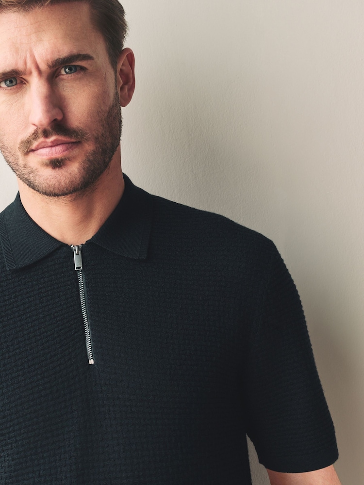 Black Regular Fit Signature 100% Merino Textured Short Sleeve Quarter Zip Knit Polo Shirt - Image 1 of 8