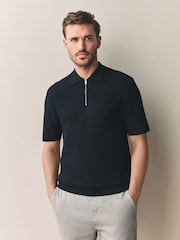 Black Regular Fit Signature 100% Merino Textured Short Sleeve Quarter Zip Knit Polo Shirt - Image 2 of 8