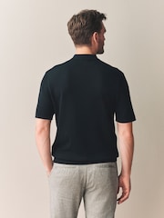 Black Regular Fit Signature 100% Merino Textured Short Sleeve Quarter Zip Knit Polo Shirt - Image 3 of 8