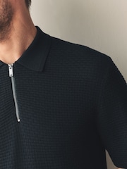 Black Regular Fit Signature 100% Merino Textured Short Sleeve Quarter Zip Knit Polo Shirt - Image 5 of 8