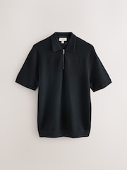 Black Regular Fit Signature 100% Merino Textured Short Sleeve Quarter Zip Knit Polo Shirt - Image 6 of 8