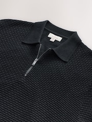 Black Regular Fit Signature 100% Merino Textured Short Sleeve Quarter Zip Knit Polo Shirt - Image 7 of 8
