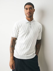Light Grey Regular Fit 100% Cotton Short Sleeve Geometric Pattern Knit Polo Shirt - Image 1 of 7