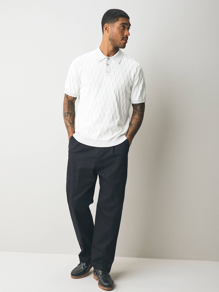 Light Grey Regular Fit 100% Cotton Short Sleeve Geometric Pattern Knit Polo Shirt - Image 2 of 7