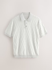 Light Grey Regular Fit 100% Cotton Short Sleeve Geometric Pattern Knit Polo Shirt - Image 5 of 7