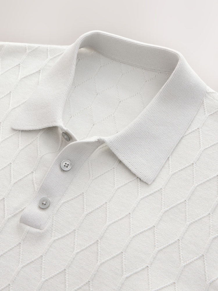 Light Grey Regular Fit 100% Cotton Short Sleeve Geometric Pattern Knit Polo Shirt - Image 7 of 7