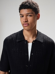 Black Relaxed Fit Cotton Blend Short Sleeve Open Knit Button Through Polo Shirt - Image 1 of 10