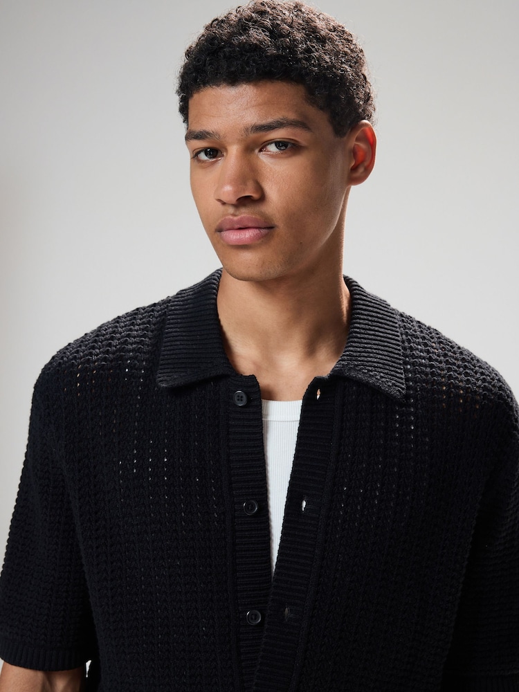 Black Relaxed Fit Cotton Blend Short Sleeve Open Knit Button Through Polo Shirt - Image 1 of 10