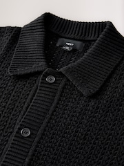 Black Relaxed Fit Cotton Blend Short Sleeve Open Knit Button Through Polo Shirt - Image 10 of 10