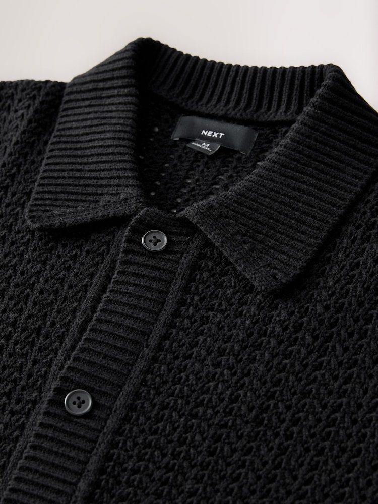 Black Relaxed Fit Cotton Blend Short Sleeve Open Knit Button Through Polo Shirt - Image 10 of 10 Black Relaxed Fit Cotton Blend Short Sleeve Open Knit Button Through Polo Shirt - Image 10 of 10