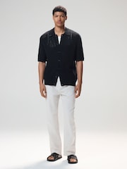 Black Relaxed Fit Cotton Blend Short Sleeve Open Knit Button Through Polo Shirt - Image 2 of 10